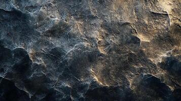 Textured surface of dark stone showing cracks and highlights. Close-up of aged geological formation. Rich detail in rock patterns photo