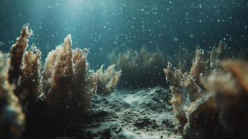 Underwater world with unique coral formations under diffused sunlight, creating a tranquil scene perfect for exploration and study. photo