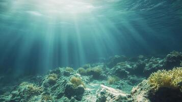 Sunlight filters through the ocean's surface, illuminating a vibrant coral reef below. Underwater beauty and tranquility in one image. photo