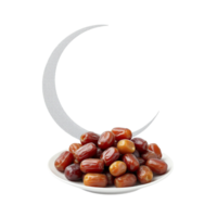 Dates on a plate with a crescent moon isolated on black background png