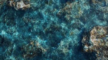 Aerial view of rocks submerged in crystal-clear, turquoise water. Sunlight dances, creating shimmering patterns. Serene and refreshing natural scene. photo