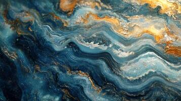 Abstract fluid art featuring captivating blue and gold swirls, creating a mesmerizing effect. Reminiscent of ocean currents and gilded beaches. photo
