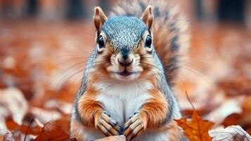 Squirrel portrait amidst autumn leaves, captured with a shallow depth of field for a cute, focused animal photograph. photo