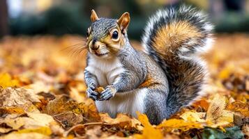 Squirrel amidst autumn foliage, cradling a nut in its paws, blends with the warm hues, embodies woodland charm. photo
