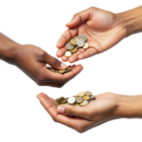 Hands giving coins to each other on black background png