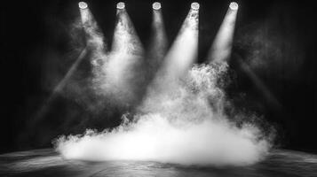 Monochromatic shot of stage lights piercing through smoke, creating a dramatic, atmospheric setting with a palpable sense of mystery and drama. photo