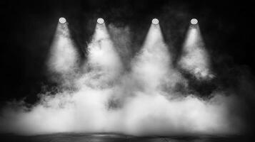 Atmospheric scene featuring beams of light piercing through smoke. A monochromatic landscape creating a captivating visual experience. photo