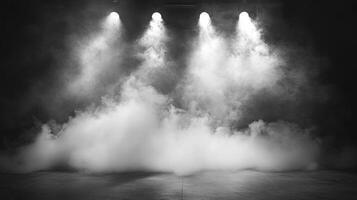 Monochromatic scene with four spotlights piercing through dense fog, creating an atmosphere of mystery and anticipation on a stage-like setting. photo
