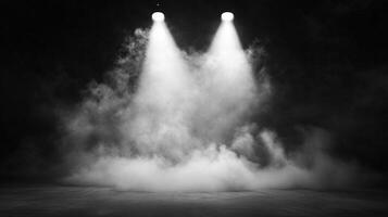 Ethereal monochrome scene with misty clouds illuminated by spotlights, creating a captivating ambiance of mystery and anticipation. photo