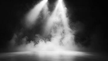 Mysterious scene with ethereal light beams cutting through dense smoke on a dark stage, casting an eerie glow. photo