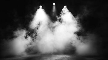 Monochromatic stage scene featuring three spotlights shining through thick fog, creating a dramatic, atmospheric ambiance in grayscale. photo