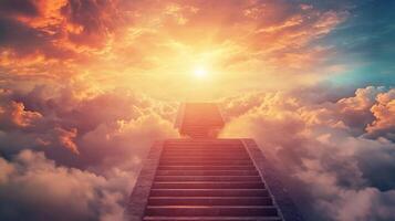 Ascending stairway amidst clouds, bathed in a golden light, symbolizing hope, journey, and transcendence to a brighter destination. photo