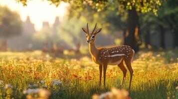 A graceful gazelle stands amidst a colorful meadow bathed in golden sunlight, creating a serene and picturesque scene of wildlife in nature. photo
