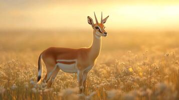 Graceful gazelle stands alert in a golden field, bathed in the soft glow of sunrise. Antelope in a light-filled meadow is a sight to behold. photo