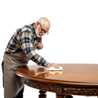An older man in an apron wiping down a table png