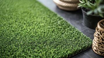 A section of artificial turf showcases a vibrant green hue, creating a visually appealing surface with a natural grass-like texture. photo