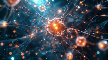 Illustration of interconnected neurons forming complex neural networks with glowing lights and intricate details. Cells communicating. photo