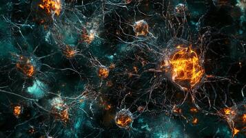 Abstract network of glowing spheres connected by thread-like structures, set against an ethereal, dark blue background. photo