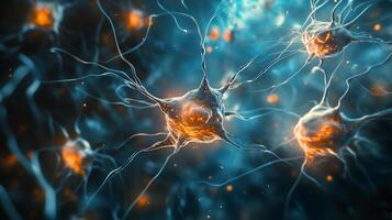 Detailed view of neurons with connecting axons, synapses, and dendrites, highlighting neural networks and biological connections. photo