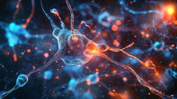 Detailed neuron rendering with intricate connections and vibrant blue and orange light particles representing neural activity. photo