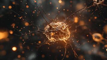 Detailed neuron illustration depicting cellular network activity with glowing nodes and intricate connections in a dark, sparkling environment. photo