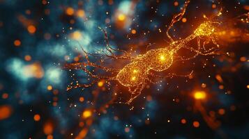 Abstract neuron illustration. Glowing, detailed depiction of a neuron cell with interconnected branches and sparkling details against blue background. photo