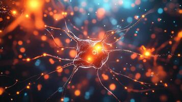 Detailed view of a neuron, showcasing its intricate structure and vibrant colors, surrounded by a field of glowing particles. photo