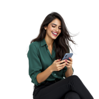 A woman is sitting on the floor and smiling while using her phone png
