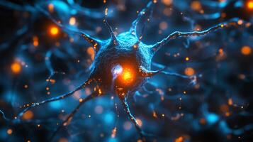 Close-up of a detailed neuron network in shades of blue and orange, illuminated by the firing synapses, highlighting brain function. photo