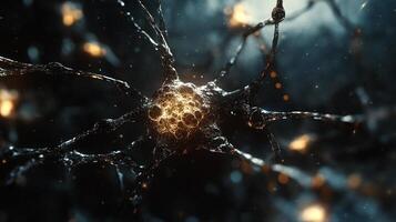 Abstract neuron illustration showcasing neural networks and connectivity with a focus on cellular biology and complex systems. photo