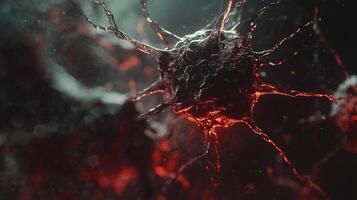 Abstract microscopic view of a dark cell-like structure with network connections in a red and dark gray environment. photo