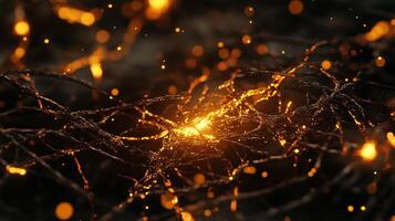 Abstract glowing strands. Intertwined with ethereal warmth and a sense of connection. Dark background illuminates golden light. photo