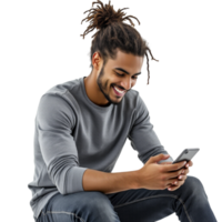 A man with dreadlocks is sitting on the floor and using his phone png
