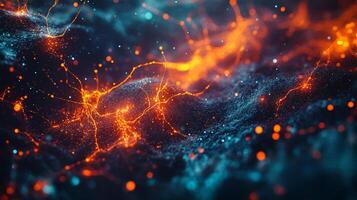 Abstract glowing network of connections, like energy flow or neurons firing in a mind, with a dark blue textured base background. photo