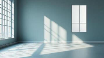 Sunlight streams into an empty room, creating bright patterns on the floor. Modern, minimalist design with light blue walls and large windows. photo
