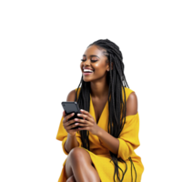 A woman in a yellow dress is smiling while using her phone png