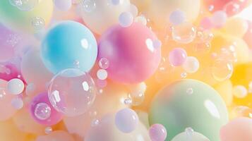 Floating pastel spheres and clear bubbles create a whimsical and dreamy aesthetic. The soft color palette evokes a sense of serenity. photo