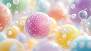 Pastel spheres surrounded by miniature bubbles creating a light, airy and cheerful effect with a focus on bright, playful colors. photo