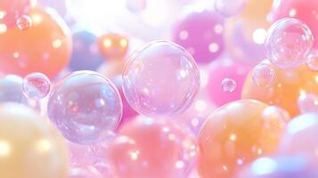 Abstract colorful balloons floating in a bright pastel wonderland, creating a whimsical and dreamy atmosphere filled with light and movement. photo