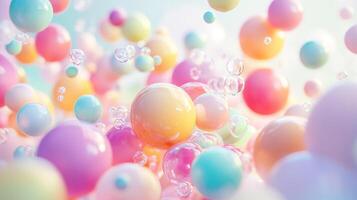 Floating orbs of vibrant pastel colors, with tiny water bubbles interspersed, creating a playful and whimsical visual experience. photo