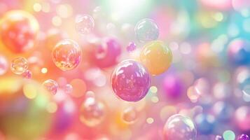 A whimsical scene of transparent spheres floating amongst a pastel rainbow bokeh background, creating a dreamlike and ethereal atmosphere. photo