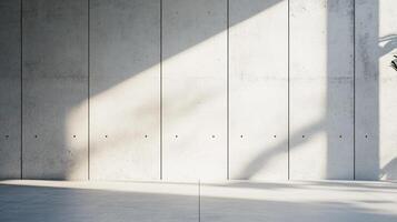 Modern concrete wall illuminated by natural light, creating a minimalist and serene atmosphere in a spacious room. Simplicity and serenity photo