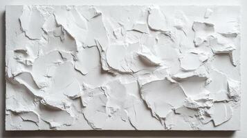 Abstract plaster panel showcasing textured, jagged formations, creating depth with light and shadow. Minimalist monochrome artwork. photo