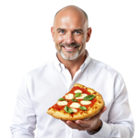 A bald man holding a pizza with basil and cheese png