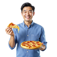 A man holding a pizza and smiling png