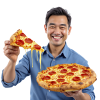 A man holding a large pizza with pepperoni and cheese png
