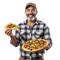 A man holding two pizzas on a black background png