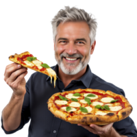 A man with a gray beard holding a pizza png