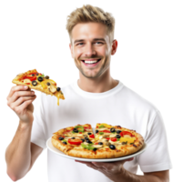 A man holding a pizza with cheese and vegetables png
