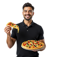 A man holding a pizza and smiling png
